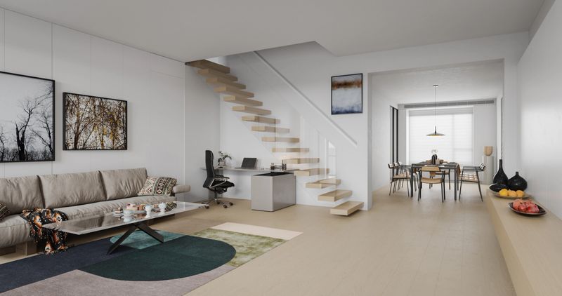 Digitally generated minimalist apartment interior featuring a neutral-toned living room, home office nook under a floating staircase, and a dining area in the background. Clean lines, soft daylight, and Scandinavian-inspired decor create a calm, contemporary home.