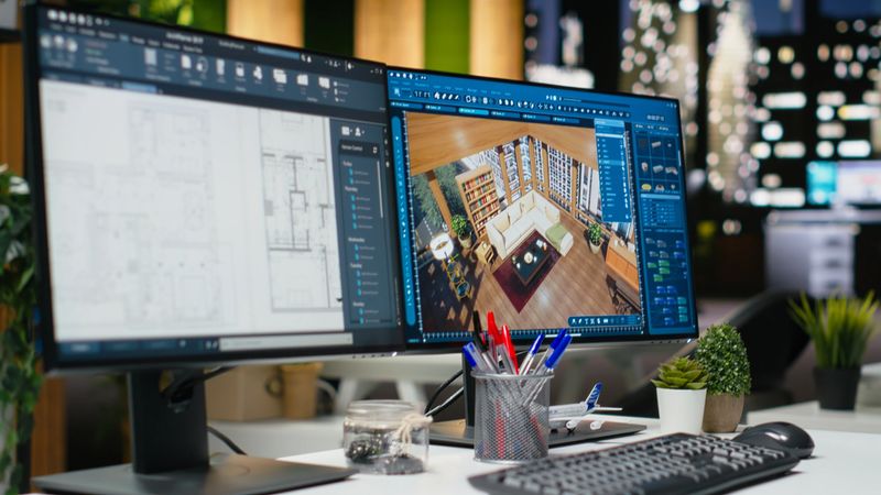Empty design office with modern desk showcasing blueprint drafting and 3D modeling software on screen. Digital workspace emphasizes creative visualization in a professional environment.