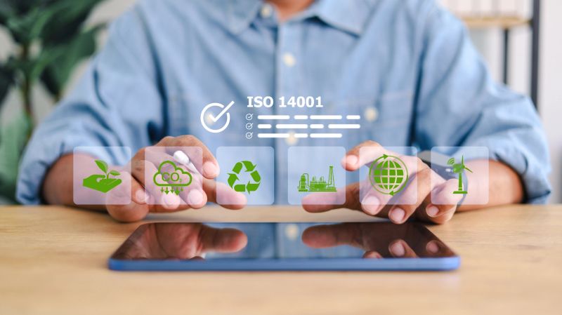 ISO 14001 environmental management system concept. Business professional using digital tablet with sustainability, recycling, CO2 reduction, and renewable energy icons.