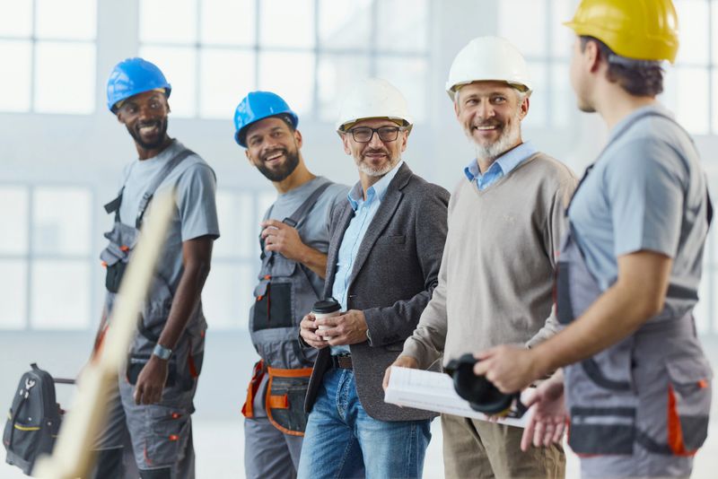 Happy male architects talking to their manual workers while walking through a construction site. Focus is on man in the middle.