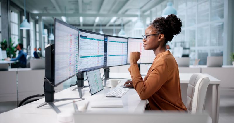 Medical Records Billing In Office: Woman Using Spreadsheet On Computer
