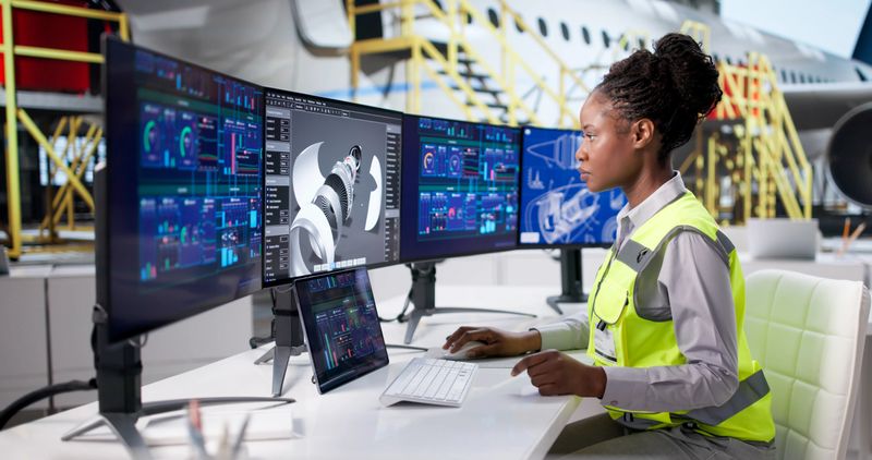 Female Aerospace Technician Using Computer To Develop Aircraft Parts