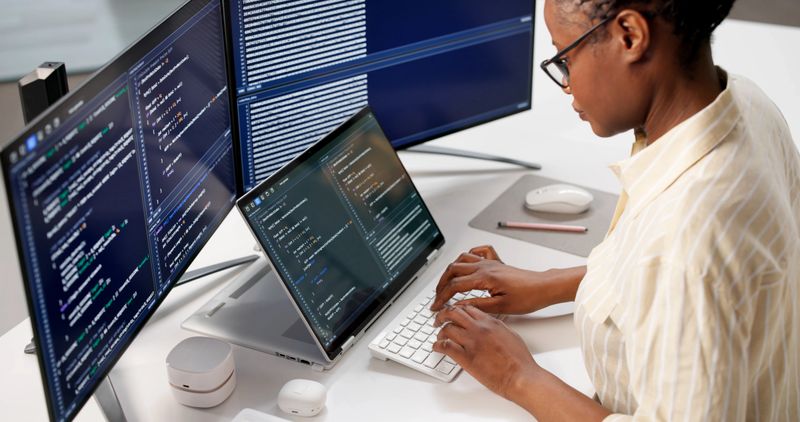 Female Programmer Developing Web Software On Computer At Office Desk