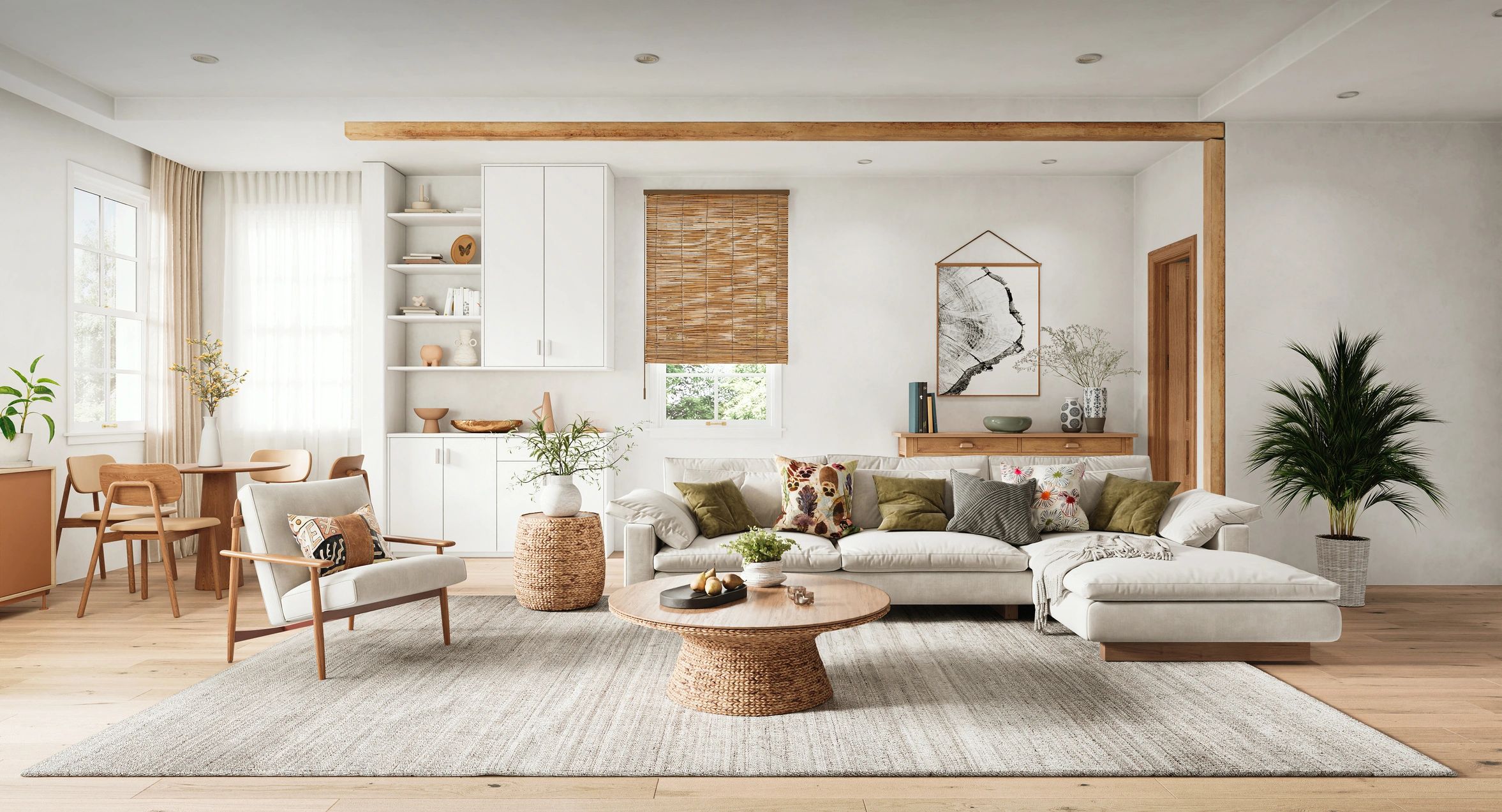 Cozy living room with natural elements and neutral tones.