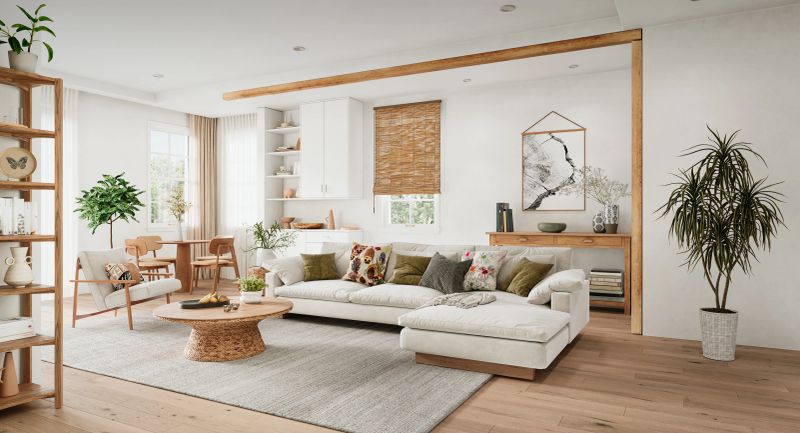 Bright modern Scandinavian living room interior with natural wood furniture, neutral color palette, cozy sofa, woven textures and indoor plants.