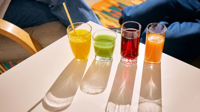 Assorted fresh juices in glasses on bright table with sunlight. Concept of healthy drinks variety, natural nutrition, clean ingredients and refreshing lifestyle background.