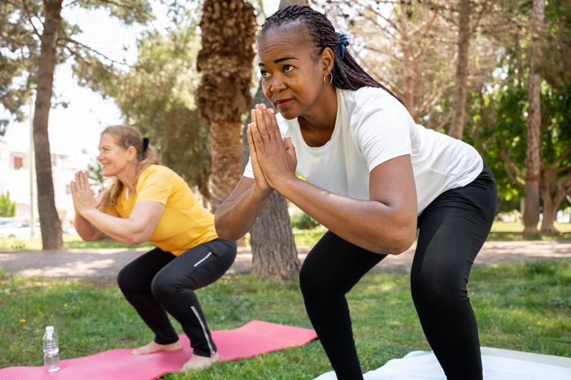 Two multiracial mature women practicing yoga together on mats in a sunny park, enjoying outdoor fitness, mindfulness and friendship while stretching and smiling amid trees