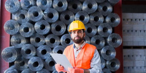 Construction worker with a clipboard in front of stacked wire coils.