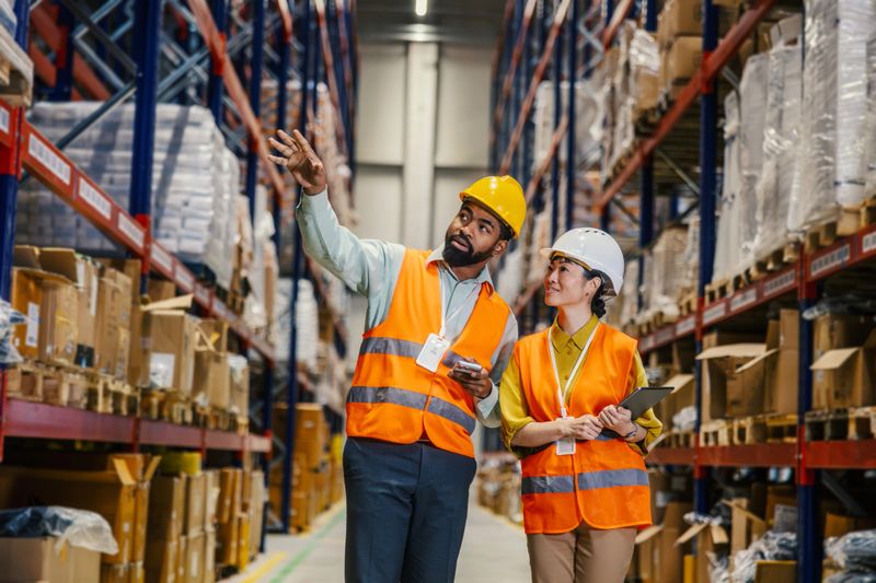 Diverse team of warehouse workers wearing safety vests and hard hats collaborating on inventory management, discussing logistics operations, and checking goods in a large distribution center
