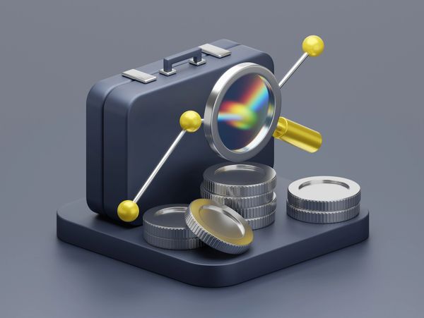3D illustration of magnifying glass examining coins next to a briefcase.