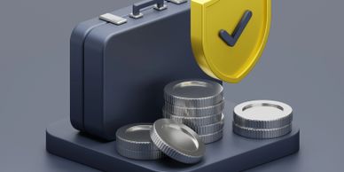 3D illustration of coins, briefcase, and shield with checkmark symbolizing financial security.