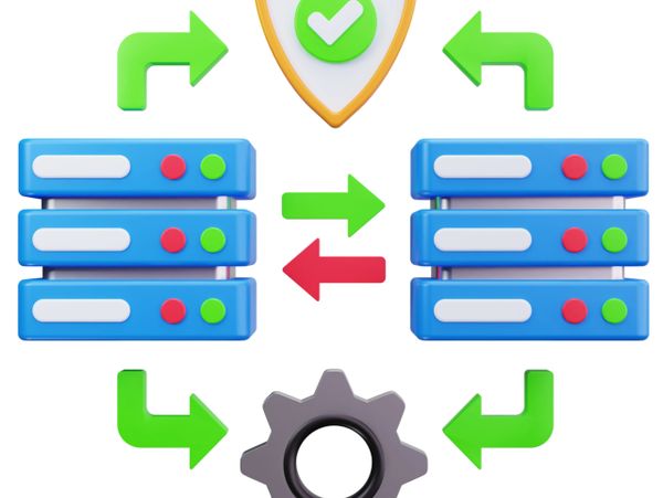 3D illustration of data servers with arrows indicating data transfer and synchronization.