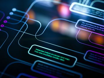 Digital flowchart with glowing nodes and connections.