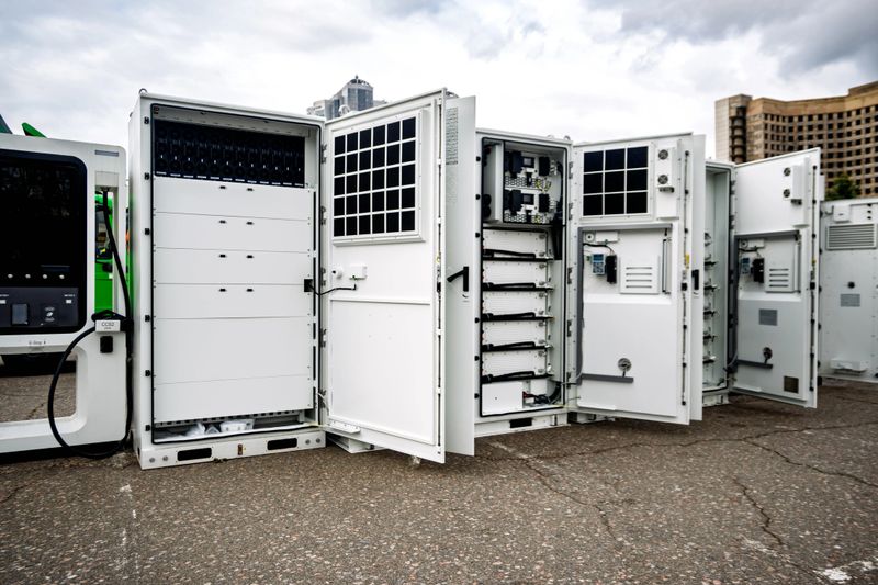 This detailed outdoor shot features a state-of-the-art modular energy storage system and electric vehicle (EV) charging infrastructure with its service panels open. The image highlights the intricate electrical components, power converters, and battery racks within the pristine white cabinets, set against an urban background under an overcast sky. It's ideal for showcasing modern sustainable energy solutions, smart grid technology, electric mobility advancements, and industrial power management. The visible EV charging station further emphasizes its application in the rapidly growing electric vehicle market, representing innovation in green energy and infrastructure.