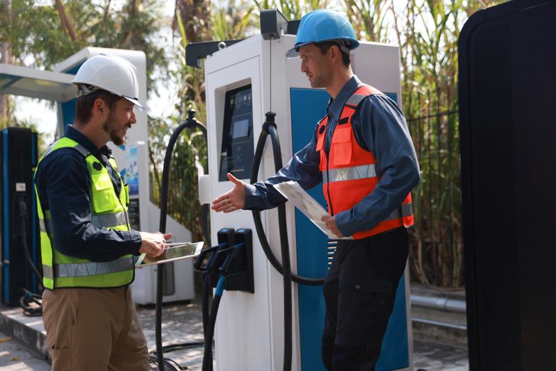 Industrial engineer or electrical engineer wearing a hard hat and high-visibility vest work with tablet and check list at an electric vehicle charging station outdoors