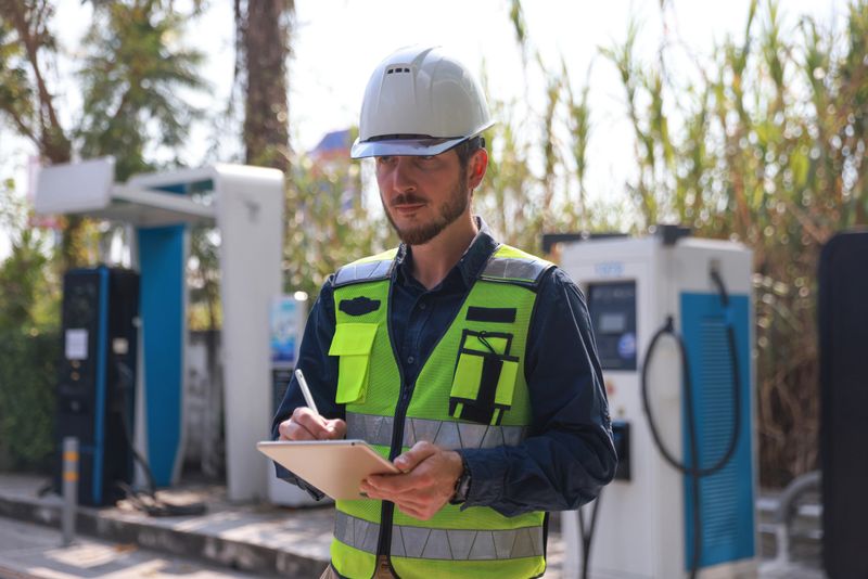 An Industrial engineer or electrical engineer wearing a hard hat and high-visibility vest uses a tablet at an electric vehicle charging station outdoors, EV technology and service business