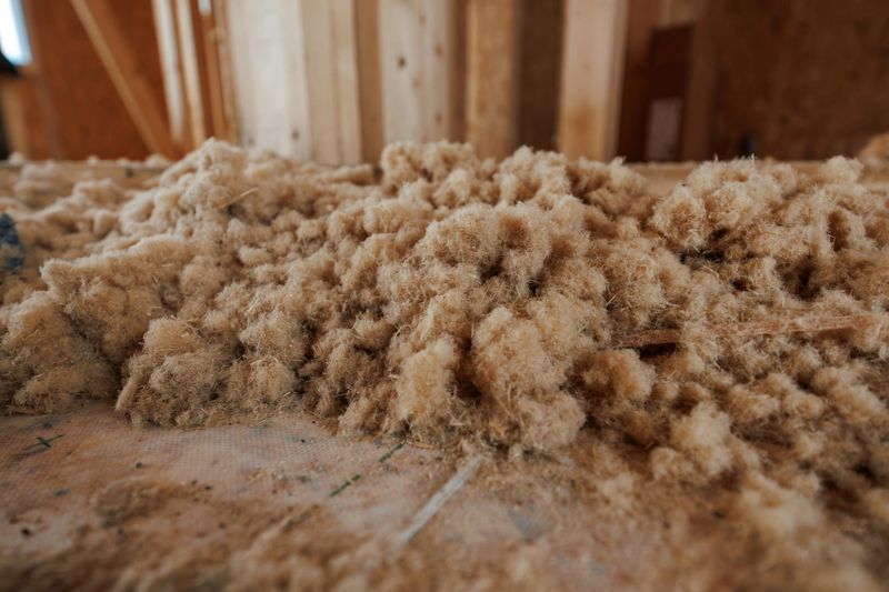 Tan cellulose like fibres pile across a vapor permeable membrane within exposed studs indoors during daylight, shallow depth of field emphasizes natural bio based insulation