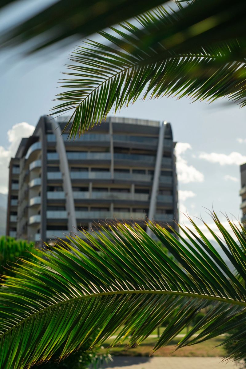 Sustainable residential complex integrated with palm trees and urban greenery.