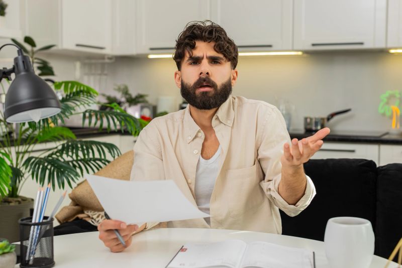 Indian man at home holds official letter reads text makes facepalm breathes deep starts to calm. Arabian guy sitting at table sets paper down takes notebook writes action plan for next steps future.