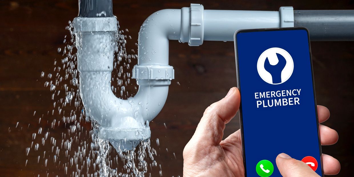 Leaking pipe and emergency plumber call on phone.