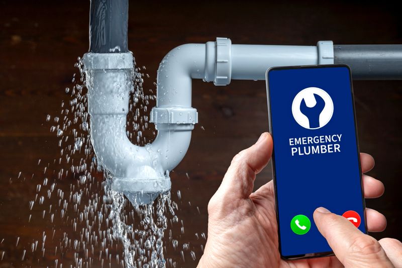 Close-up of hand holding a smartphone calling for emergency plumber service while a pipe is leaking water.