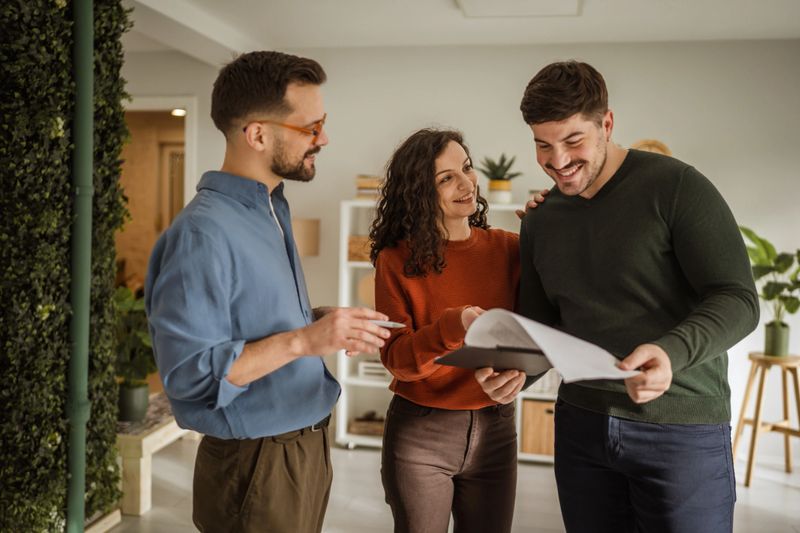 Real estate agent discussing documents and agreement terms with a happy young couple in a modern home, representing important steps in property ownership, mortgage, and investment