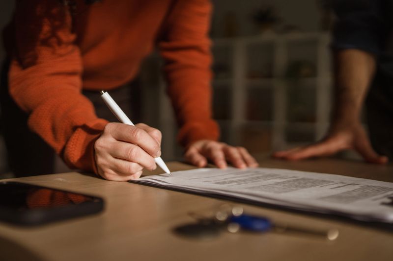 Woman's hand writing signature on a formal document during a property transaction, with car keys and a smart phone on wooden desk, symbolizing new ownership