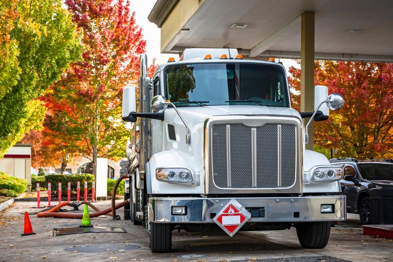 Industrial grade powerful day cab big rig white semi truck tractor with a tanker semi trailer unloads delivered fuel at gas station on city street with autumn trees