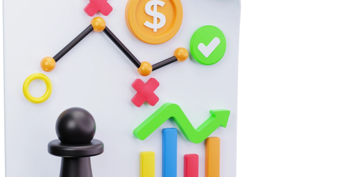 3D chess pawn with financial and success icons showing growth and approval.