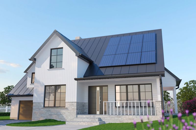 Modern single-family American house with rooftop solar panels installed on a dark metal roof. Sustainable suburban home architecture showcasing renewable energy, clean electricity generation and eco-friendly living concept. Contemporary residential exterior under clear blue sky.