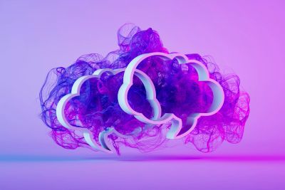 Two glowing cloud icons with purple smoke background.