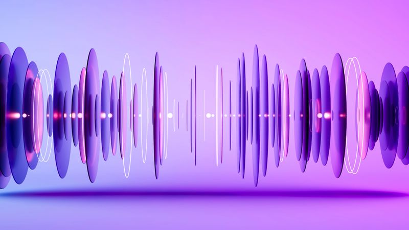 A sophisticated 3D abstract visualization of artificial intelligence data processing, featuring a horizontal sequence of transparent purple circular disks and layered glass elements. The composition is accented with glowing light spots and ethereal lens flares, symbolizing neural network layers, algorithm execution, and deep learning computations. Set against a vibrant pink and purple gradient background, this visual represents themes of digital transformation, quantum computing, big data analysis, and the future of cognitive technology in a sleek, modern aesthetic.