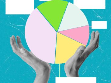 Hands holding a colorful pie chart against a blue background.