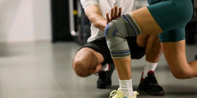 Physical therapist assisting a patient with knee support.