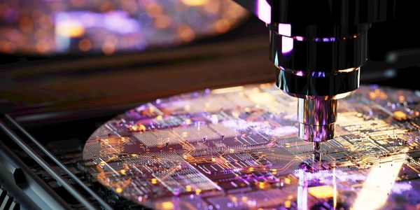 Close-up of a semiconductor wafer being processed by a precision machine.
