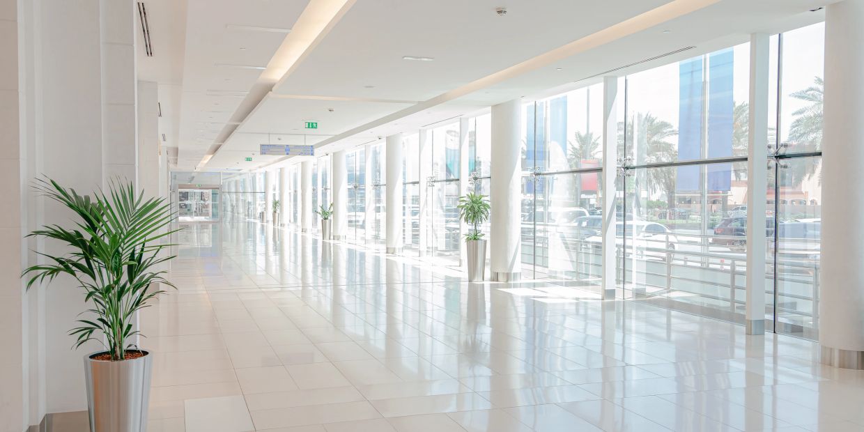 Bright, spacious corridor with large windows and plants.