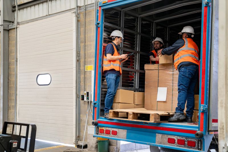 Group of Latin American warehouse workers loading boxes of merchandise on a truck