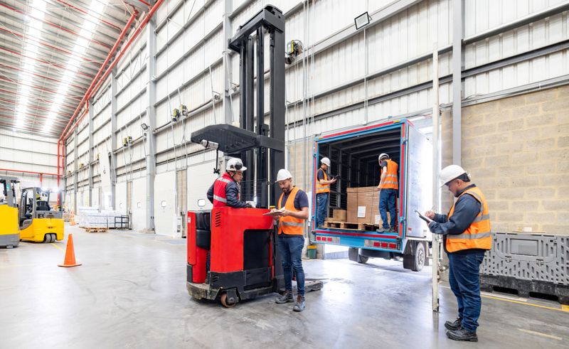 Team of Latin American warehouse workers loading boxes on a truck for distribution