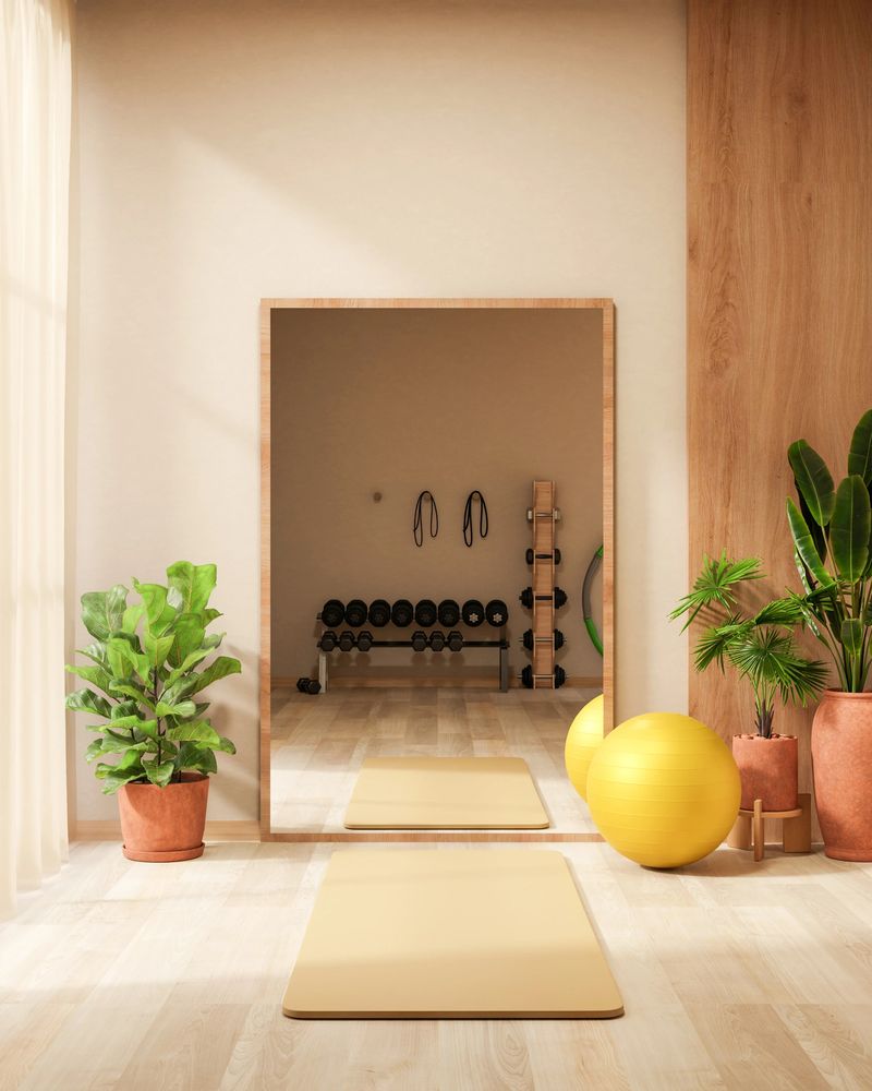 Wall mirror and yellow ball with yoga mat and pot plant on wooden floor in fitness gym exercise room. Interior Mockup, 3D Rendering, 3D Illustration