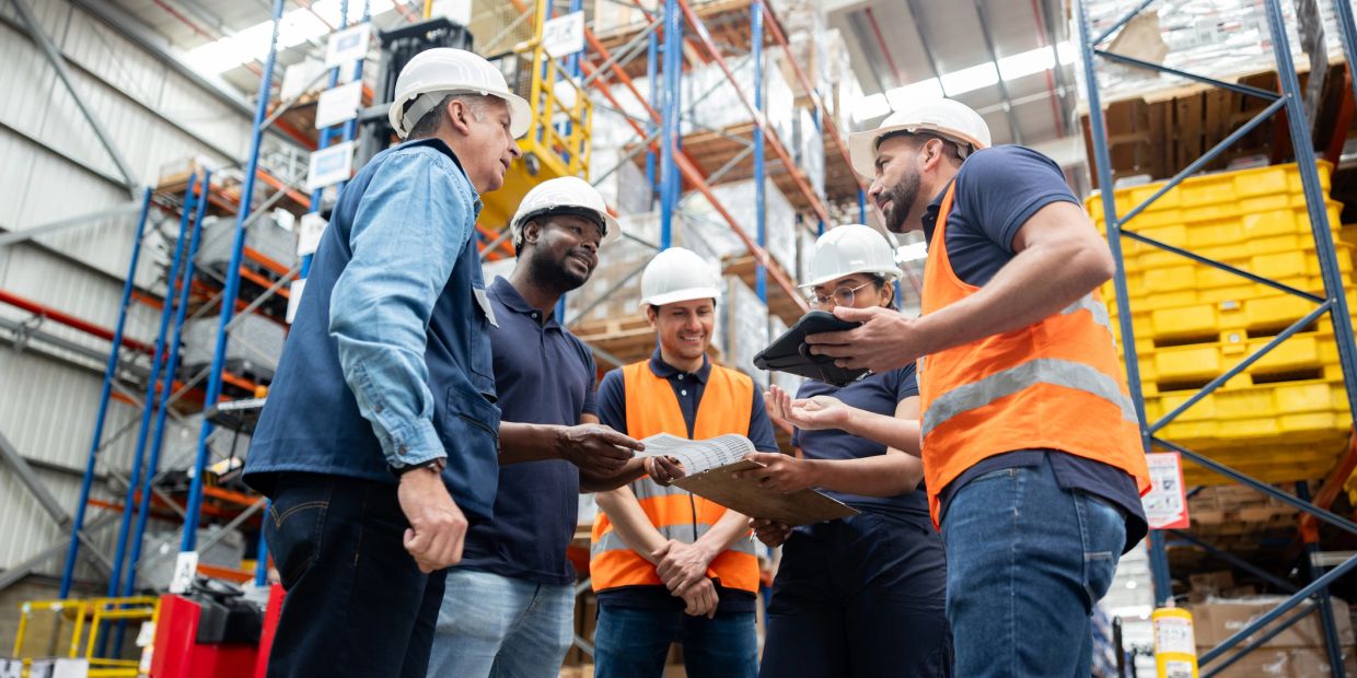 Workers in hard hats discussing plans in a warehouse.