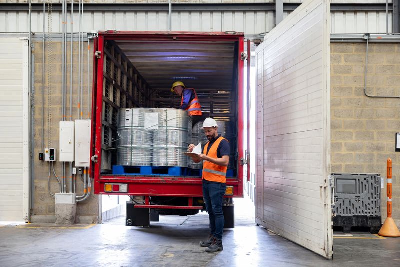 Team of Latin American workers loading of barrels on a truck at a distribution warehouse