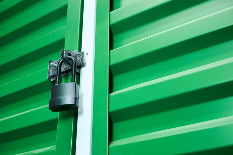Closeup of metal padlock securing green corrugated metal storage unit door, showing detail of locking mechanism and textured surface, emphasizing security and protection concept