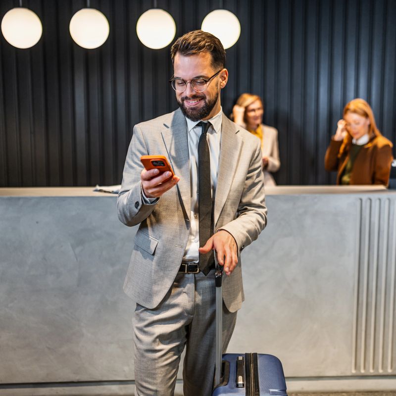 Business traveler checking in at a modern hotel lobby, smiling and looking at his smartphone, holding his luggage