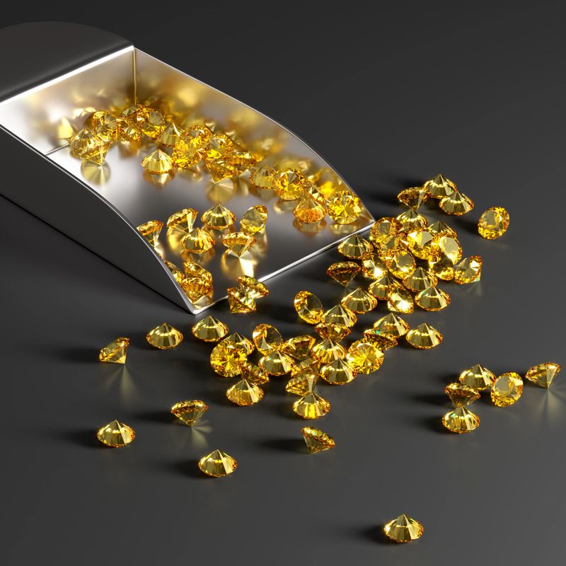 Metal scoop with topazes on the table. Black background. Selection and sorting of stones. Jewelry industry. 3d rendering.