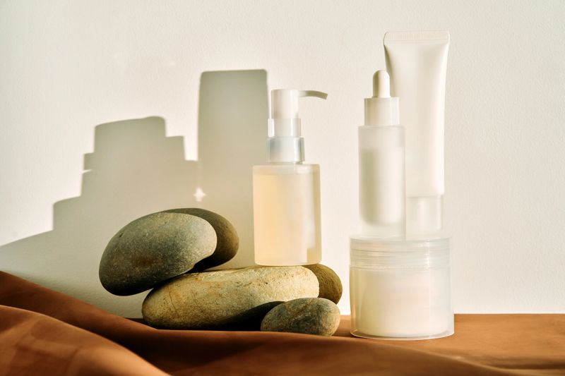 Skincare products arranged with natural stones and long shadows, symbolizing natural beauty, minimalist design, and wellness