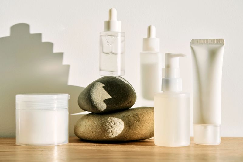 Organic skincare cosmetic products including serum, cream, and lotion bottles arranged with natural stones for a minimalist display