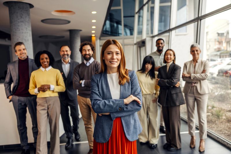 Professionals from various ethnic backgrounds and ages are confidently standing with arms crossed, working on building a successful corporate business