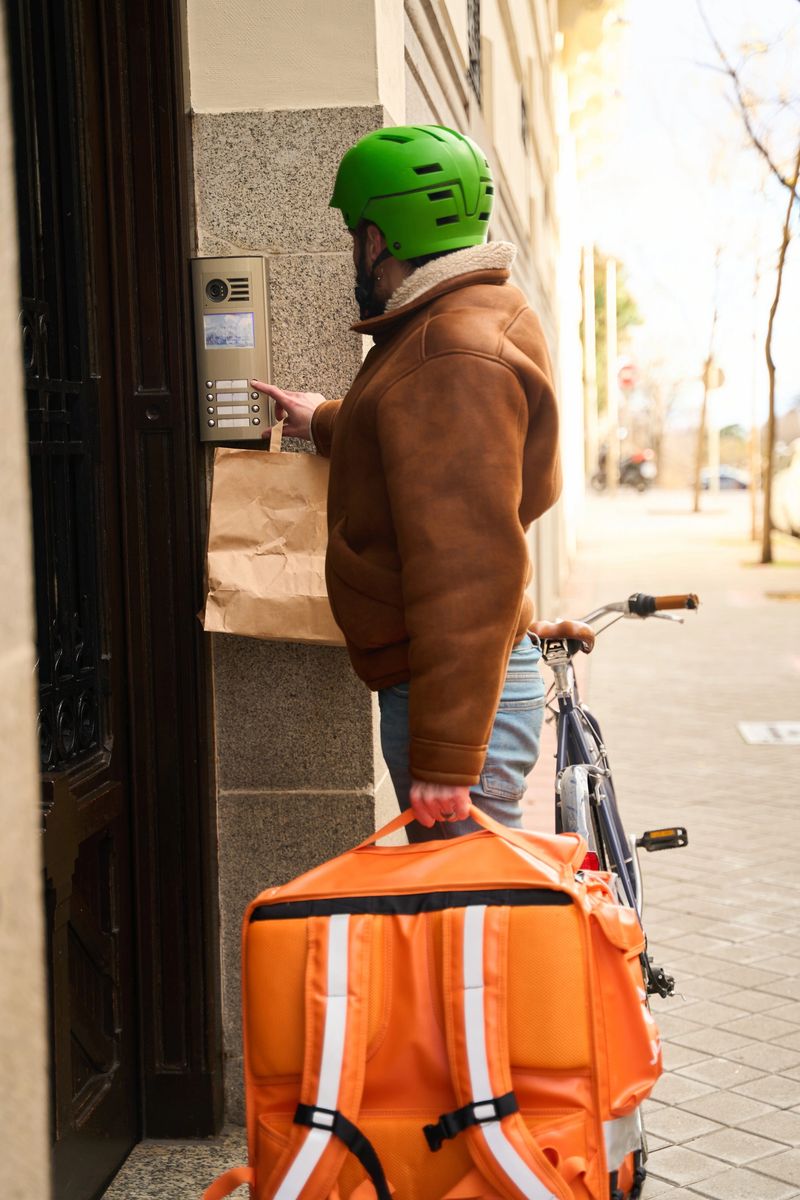 Delivery person with a green helmet and orange insulated backpack bringing a paper bag of food to a residential building