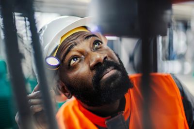 Worker in helmet inspecting machinery.