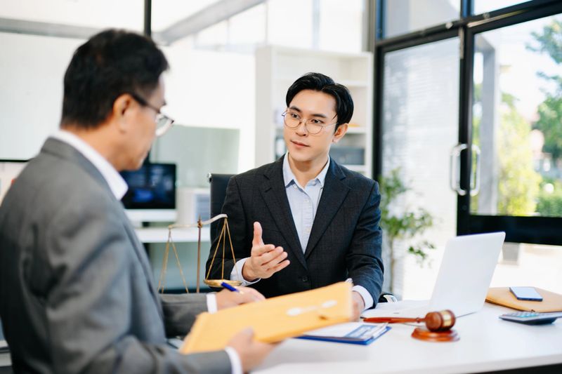 Lawyer consulting client in modern office, reviewing documents with gavel and scales on desk. Ideal for law, finance, consulting, or corporate themes.